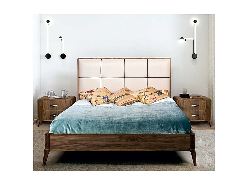Außergewöhnliches Design Bett Nussbaum furniert Polsterkopfteil in Beige (dreiteilig)