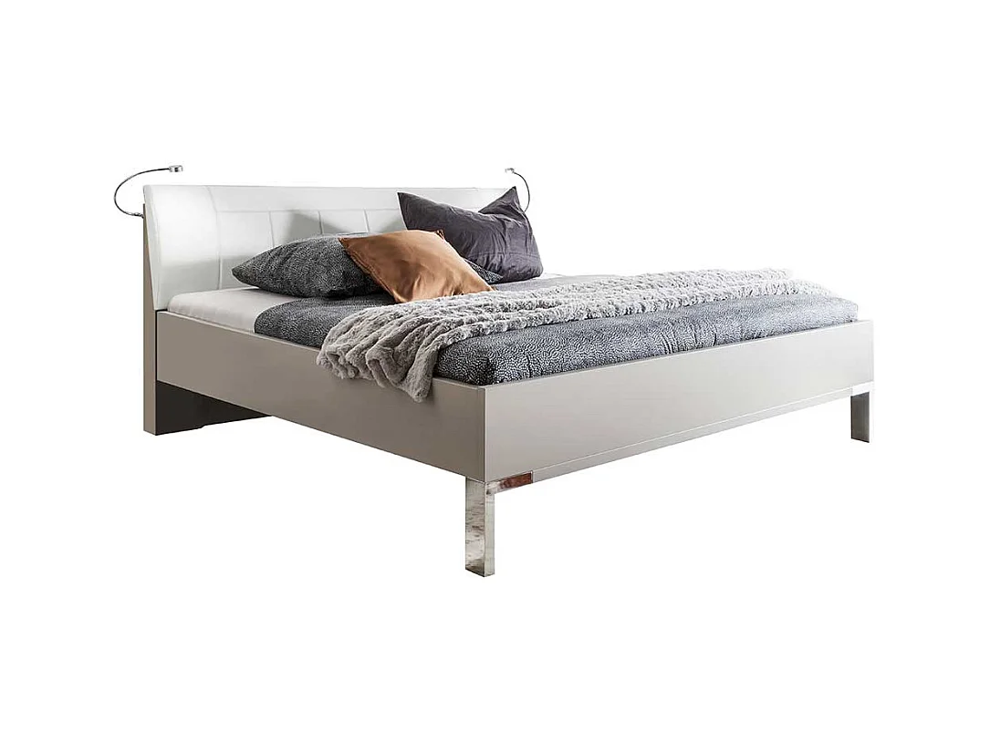 Bett und Nachtkonsolen in Hellgrau und Weiß LED Beleuchtung