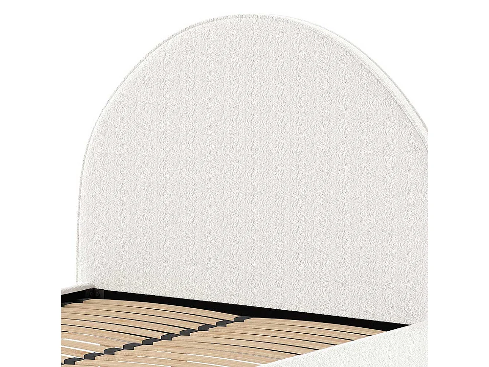 Niedriges Bettgestell im Skandi Design Boucle Stoff und Holz