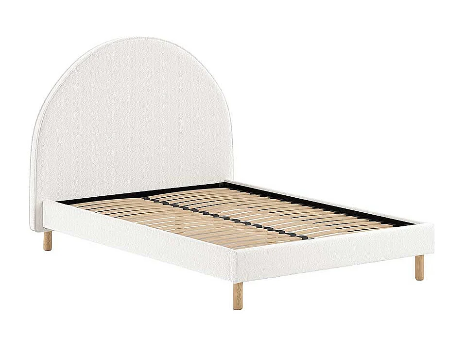 Niedriges Bettgestell im Skandi Design Boucle Stoff und Holz