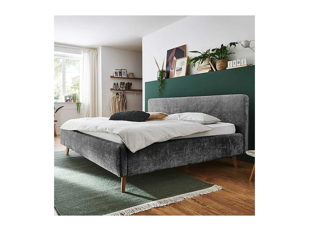 Polsterbett Anthrazit Boucle 140x200 cm Vierfußgestell aus Eiche
