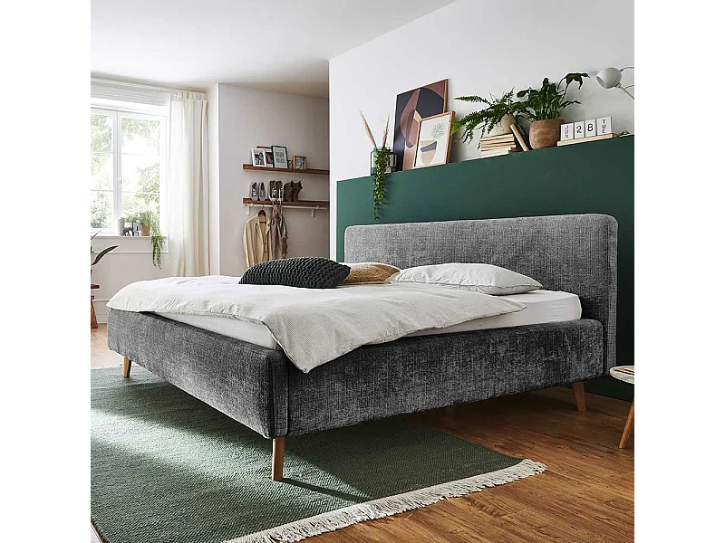 Polsterbett Anthrazit Boucle 140x200 cm Vierfußgestell aus Eiche