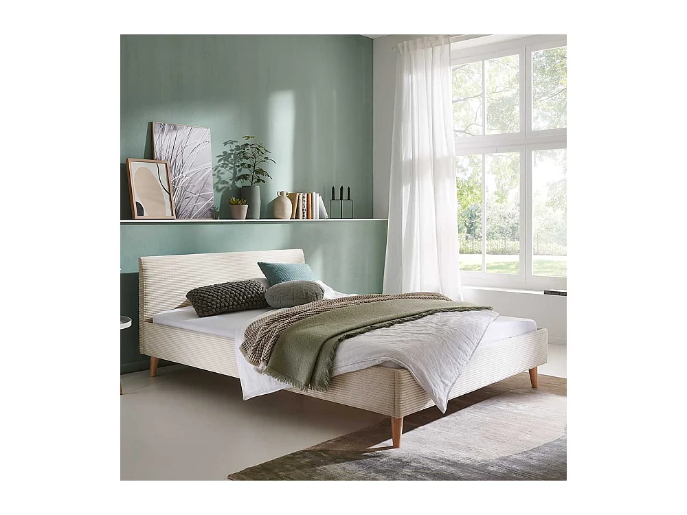 140x200 Polsterbett in Beige und Eichefarben Cord Stoff und Holz