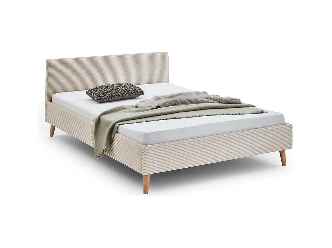 140x200 Polsterbett in Beige und Eichefarben Cord Stoff und Holz