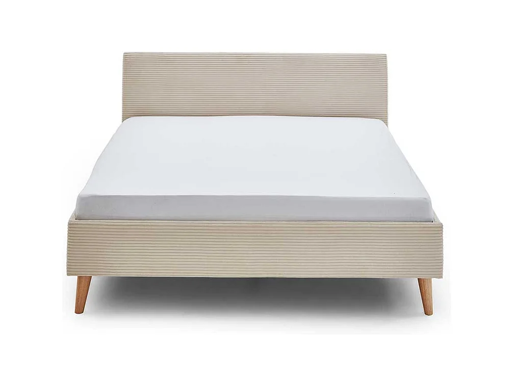 140x200 Polsterbett in Beige und Eichefarben Cord Stoff und Holz