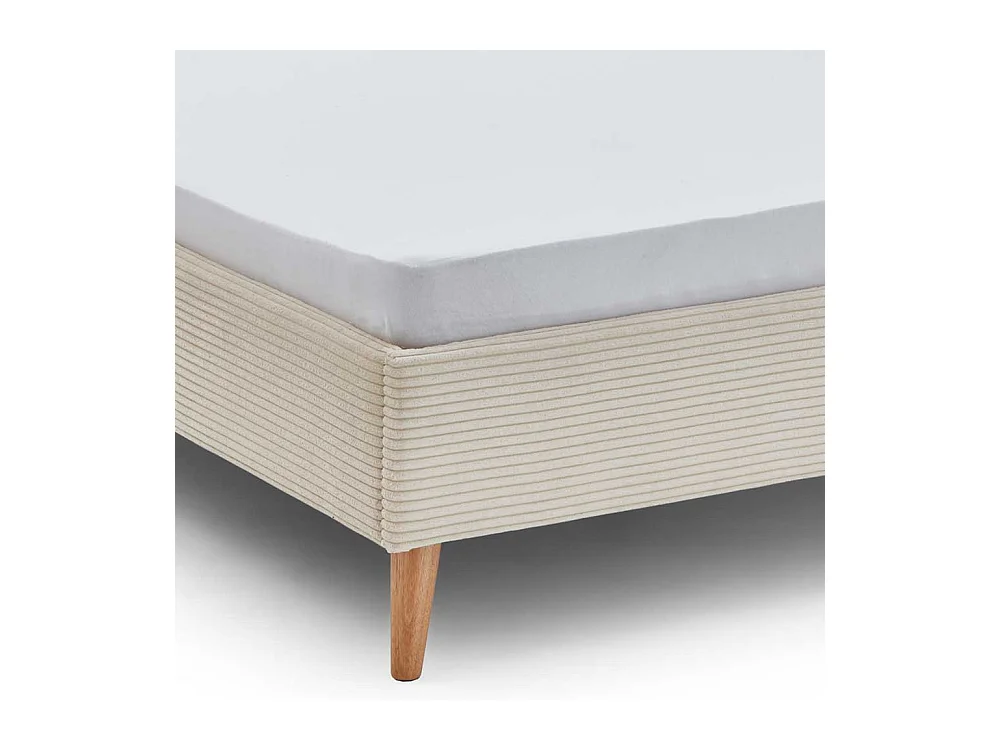 140x200 Polsterbett in Beige und Eichefarben Cord Stoff und Holz