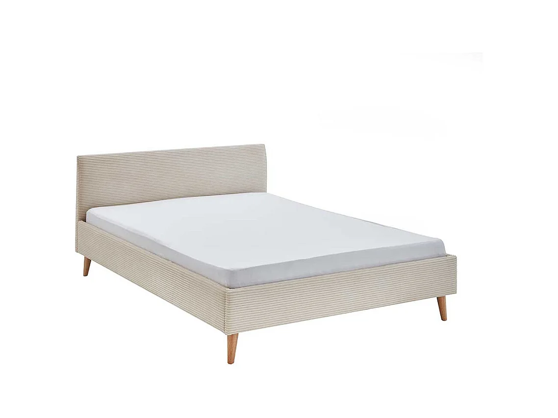 140x200 Polsterbett in Beige und Eichefarben Cord Stoff und Holz