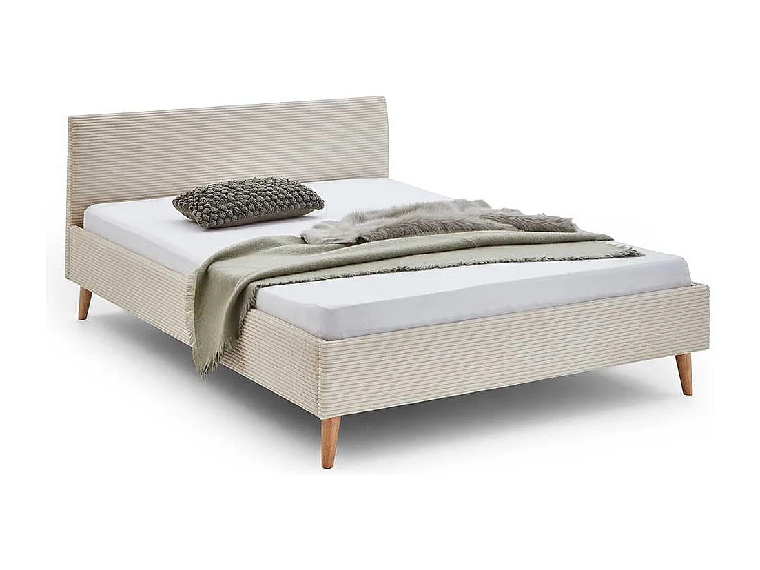 140x200 Polsterbett in Beige und Eichefarben Cord Stoff und Holz