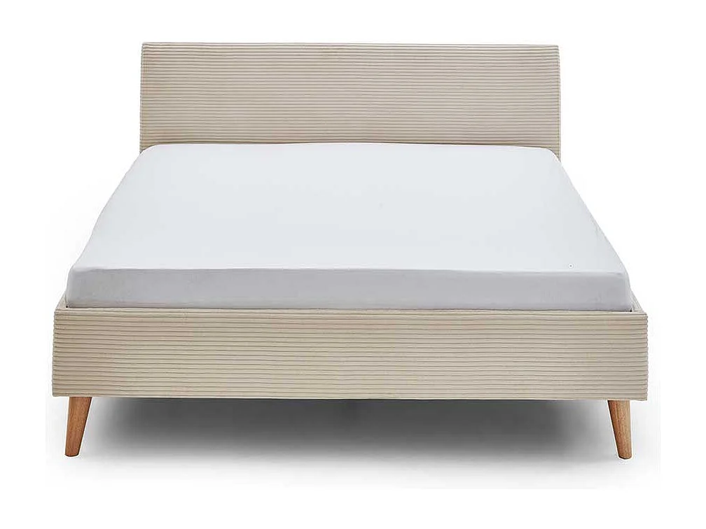 140x200 Polsterbett in Beige und Eichefarben Cord Stoff und Holz