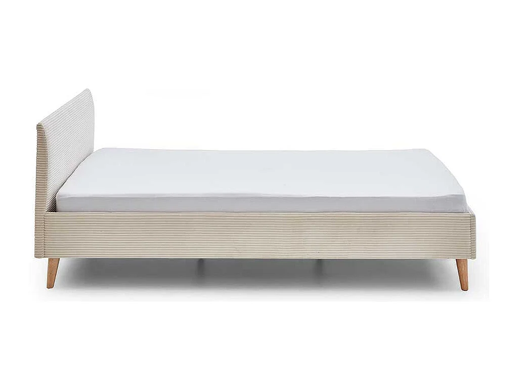 140x200 Polsterbett in Beige und Eichefarben Cord Stoff und Holz