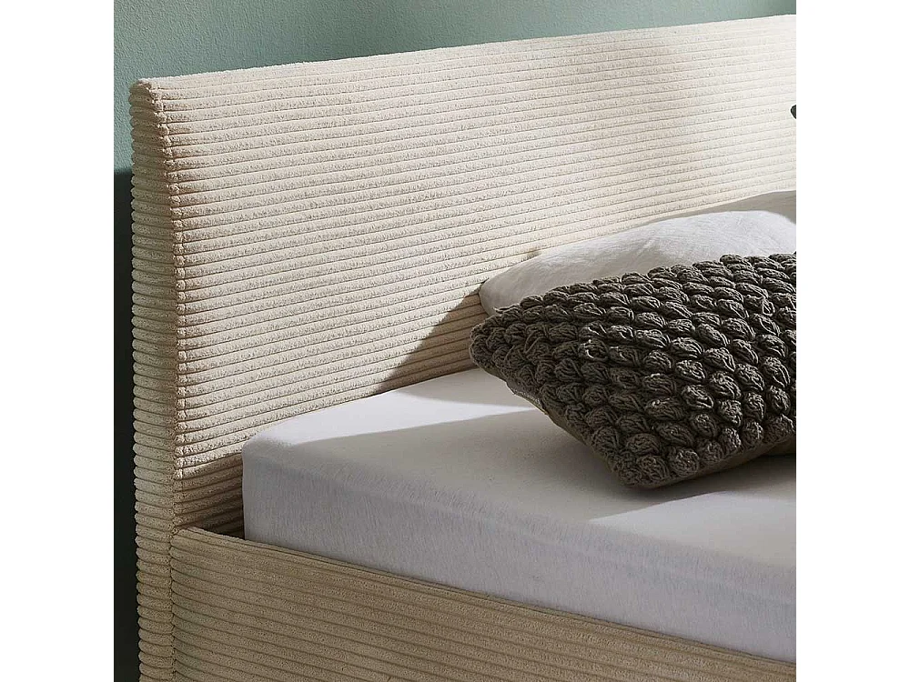 140x200 Polsterbett in Beige und Eichefarben Cord Stoff und Holz