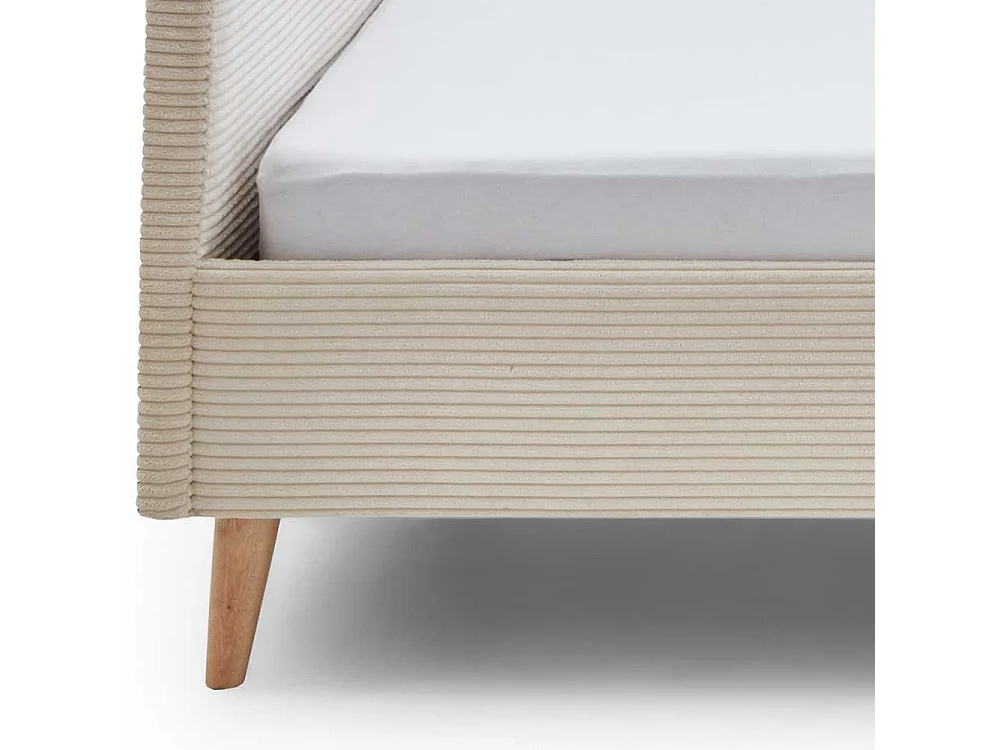 140x200 Polsterbett in Beige und Eichefarben Cord Stoff und Holz