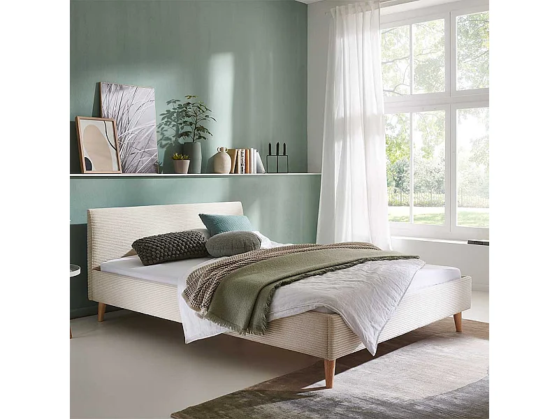 140x200 Polsterbett in Beige und Eichefarben Cord Stoff und Holz