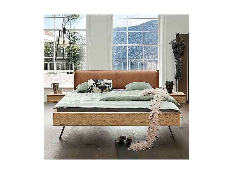 Bett mit Konsolen und Polster in Braun Wildeiche Massivholz & Metall (dreiteilig)