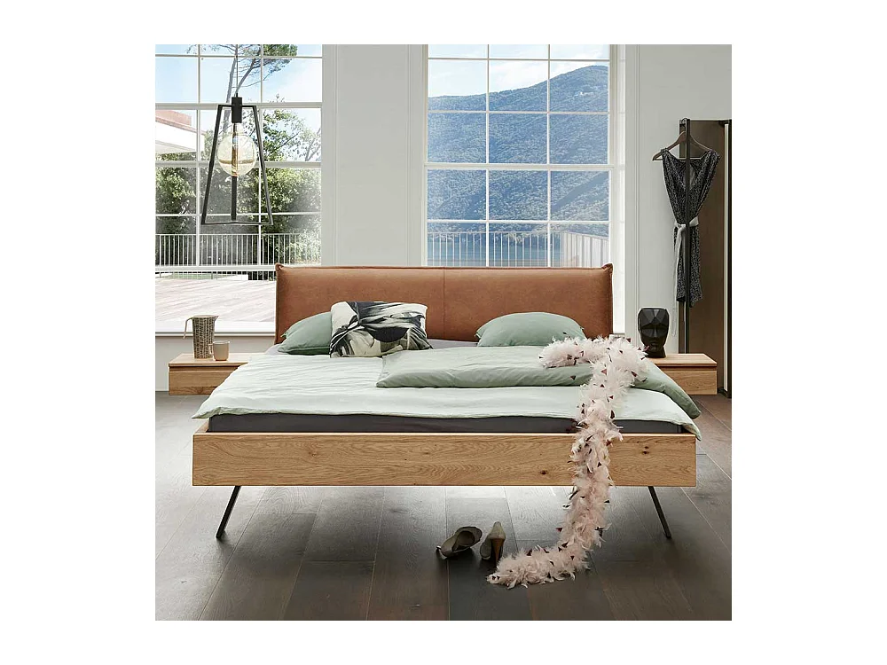 Bett mit Konsolen und Polster in Braun Wildeiche Massivholz & Metall (dreiteilig)