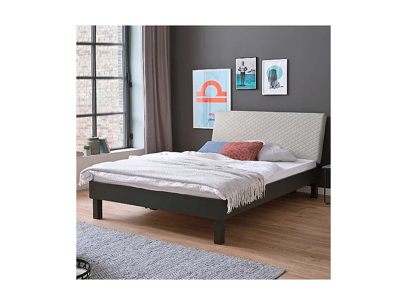 Tiefes Bett in Dunkelgrau Metall Polsterkopfteil in Beige