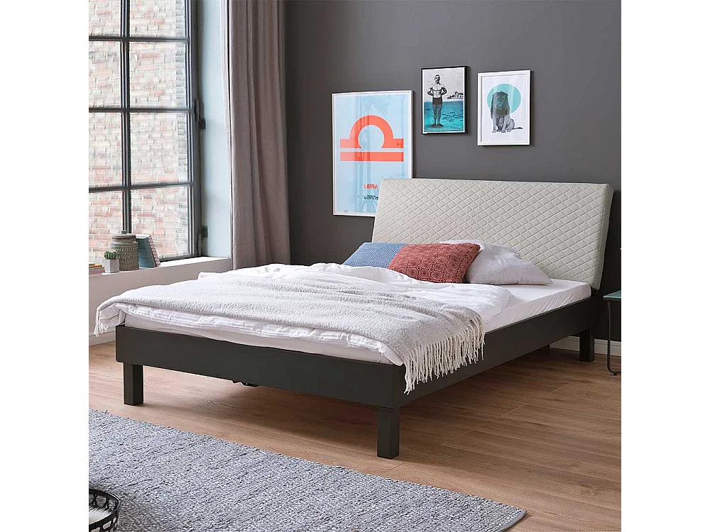 Tiefes Bett in Dunkelgrau Metall Polsterkopfteil in Beige