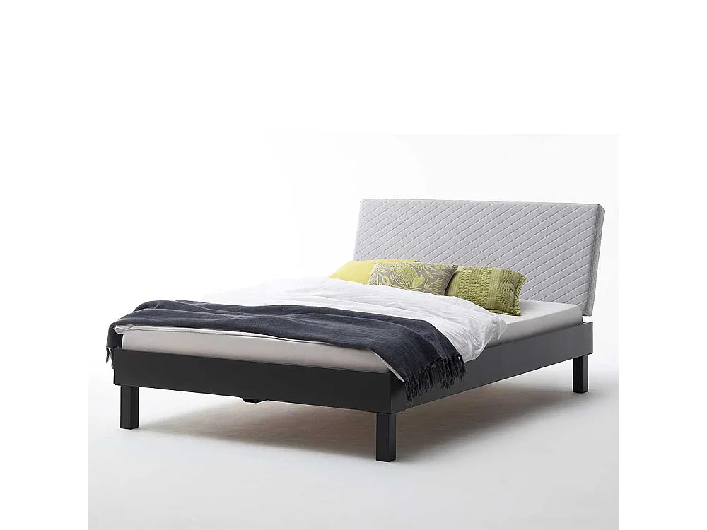 Tiefes Bett in Dunkelgrau Metall Polsterkopfteil in Beige