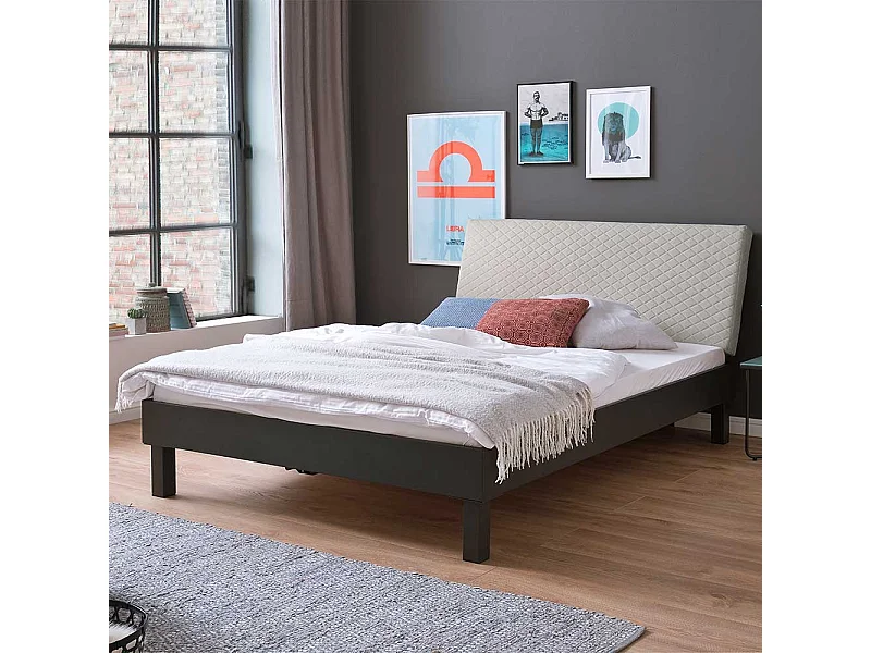 Tiefes Bett in Dunkelgrau Metall Polsterkopfteil in Beige