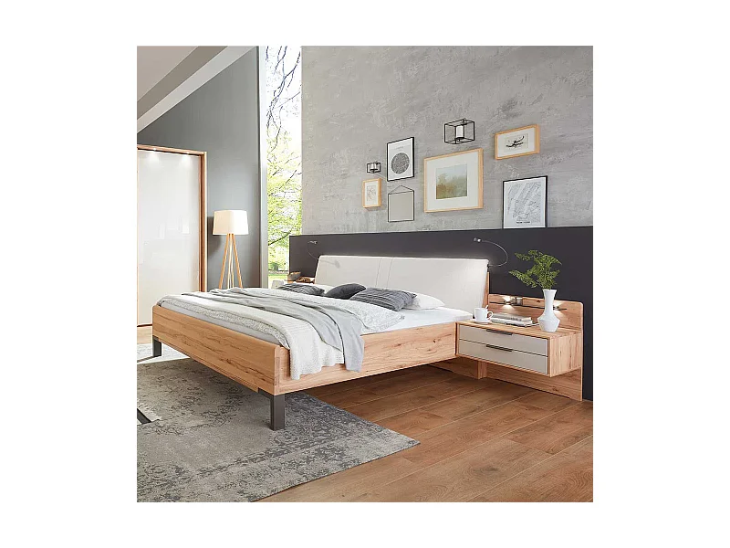 Doppelbett aus Kernbuche Massivholz und Kunstleder beige LED Beleuchtung (dreiteilig)