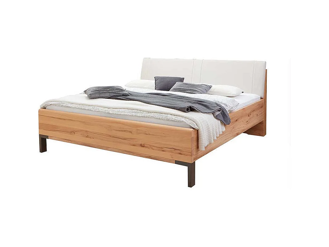 Doppelbett aus Kernbuche Massivholz und Kunstleder beige LED Beleuchtung (dreiteilig)