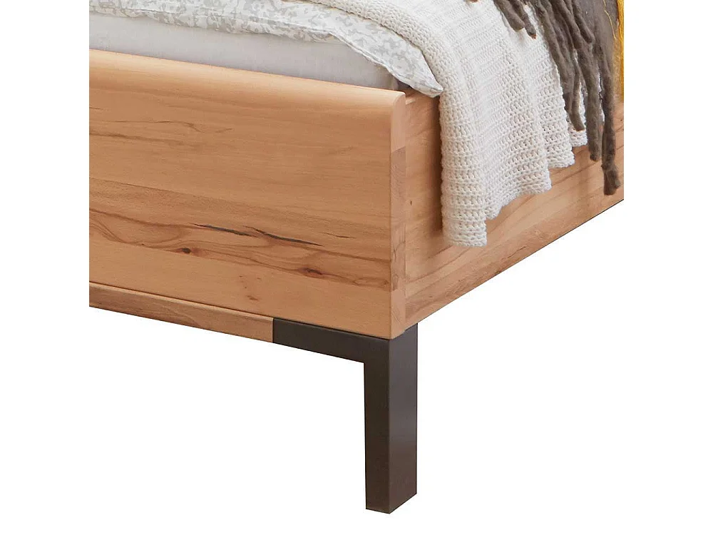 Doppelbett aus Kernbuche Massivholz und Kunstleder beige LED Beleuchtung (dreiteilig)
