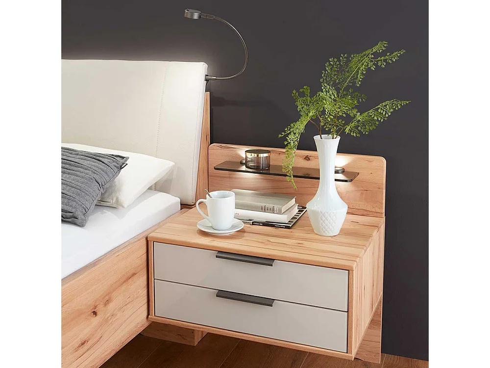 Doppelbett aus Kernbuche Massivholz und Kunstleder beige LED Beleuchtung (dreiteilig)