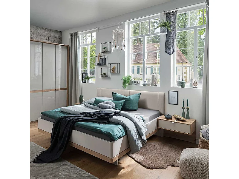 Komfortbett in Beige und Eiche Bianco Made in Germany (dreiteilig)