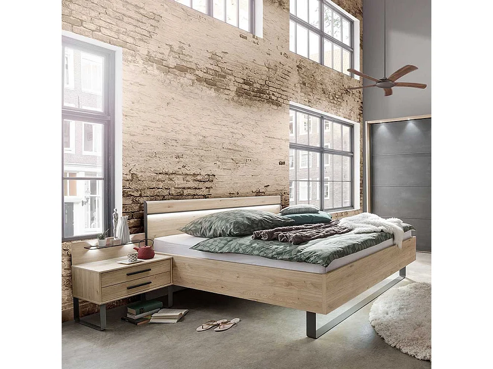 Bett in Eichefarben und Dunkelgrau LED Beleuchtung (dreiteilig)