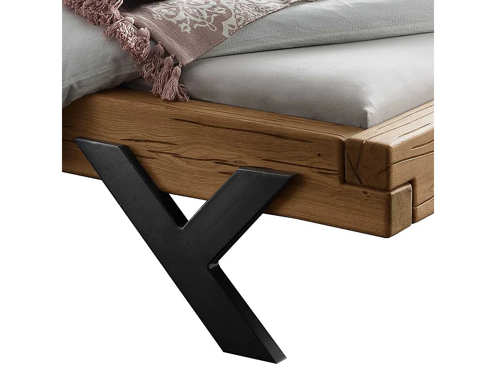 Balkenbett aus Wildeiche Massivholz 42 cm Einstiegshöhe