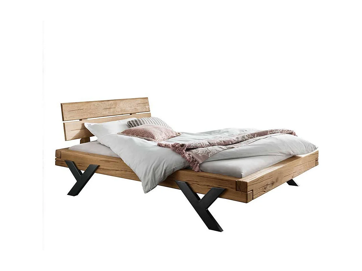 Balkenbett aus Wildeiche Massivholz 42 cm Einstiegshöhe