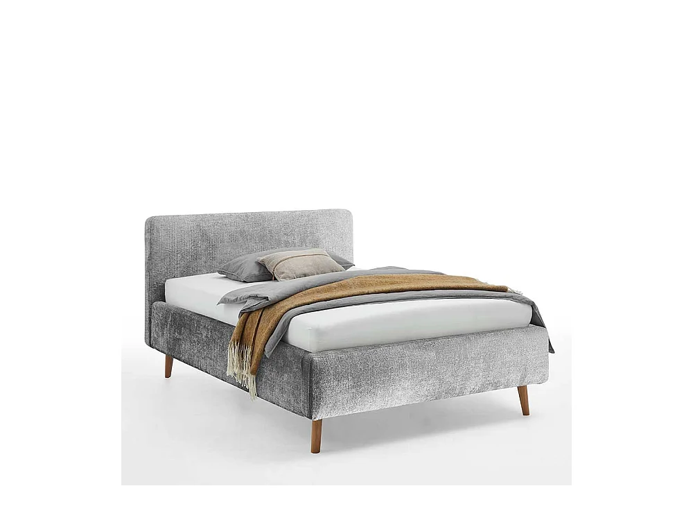 Graues Polsterbettgestell aus Boucle Stoff Eiche Massivholz