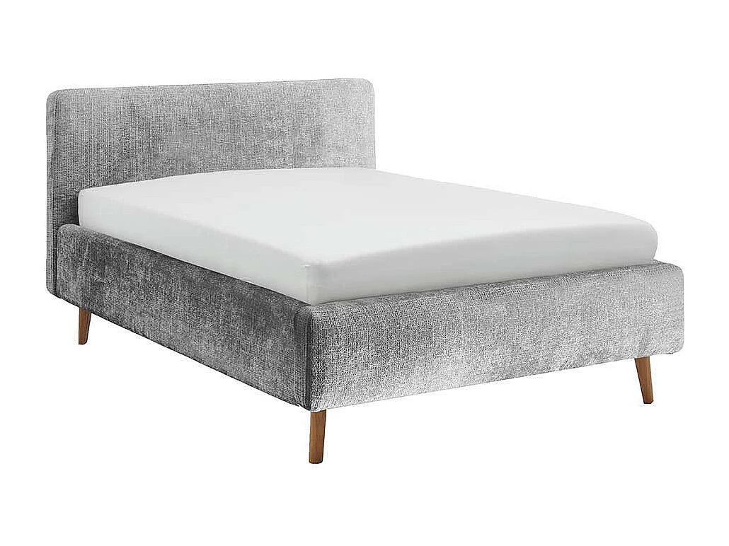 Graues Polsterbettgestell aus Boucle Stoff Eiche Massivholz