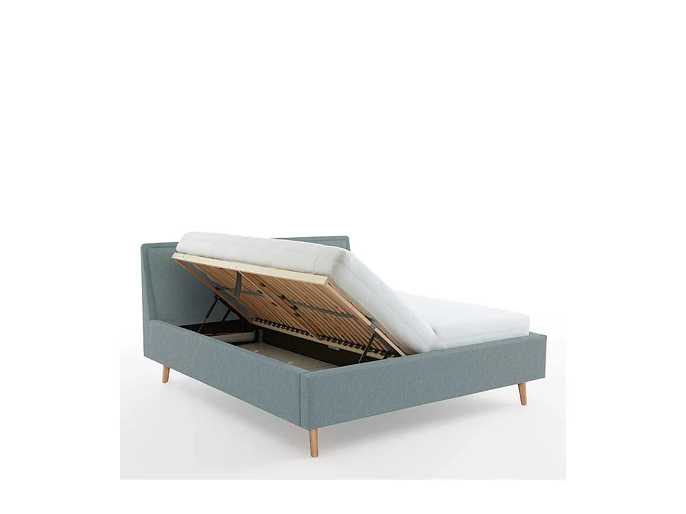 Polsterbett hellblau im Skandi Design Vierfußgestell aus Holz
