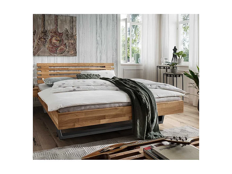 Massivholz Bett aus Wildeiche geölt Metallkufen in Anthrazit