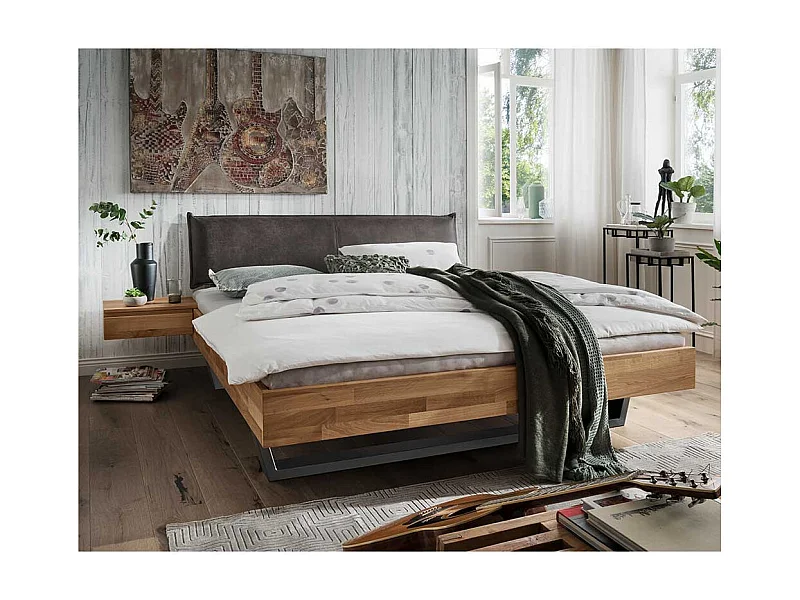 Kufenbett in Wildeichefarben und Anthrazit zwei Nachtkommoden (dreiteilig)