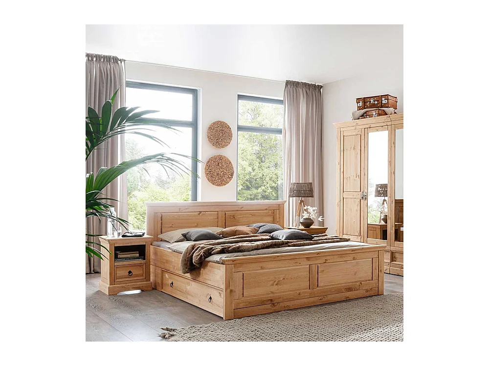 Kiefernholz Bett in Eichefarben gebeizt und geölt Nachtkommoden (dreiteilig)