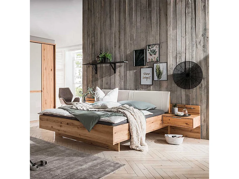 Doppelbett aus Kernbuche teilmassiv und Kunstleder Made in Germany (dreiteilig)
