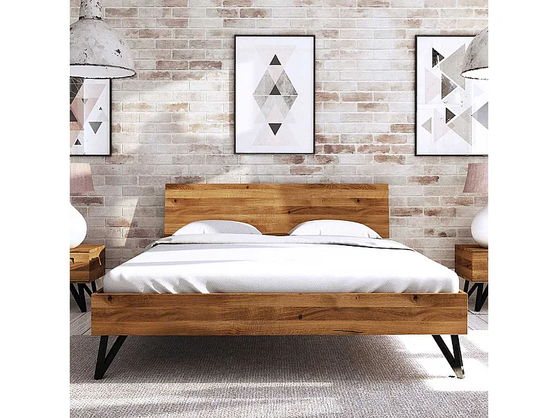 Echtholzbett aus Wildeiche Massivholz und Stahl Loft Design