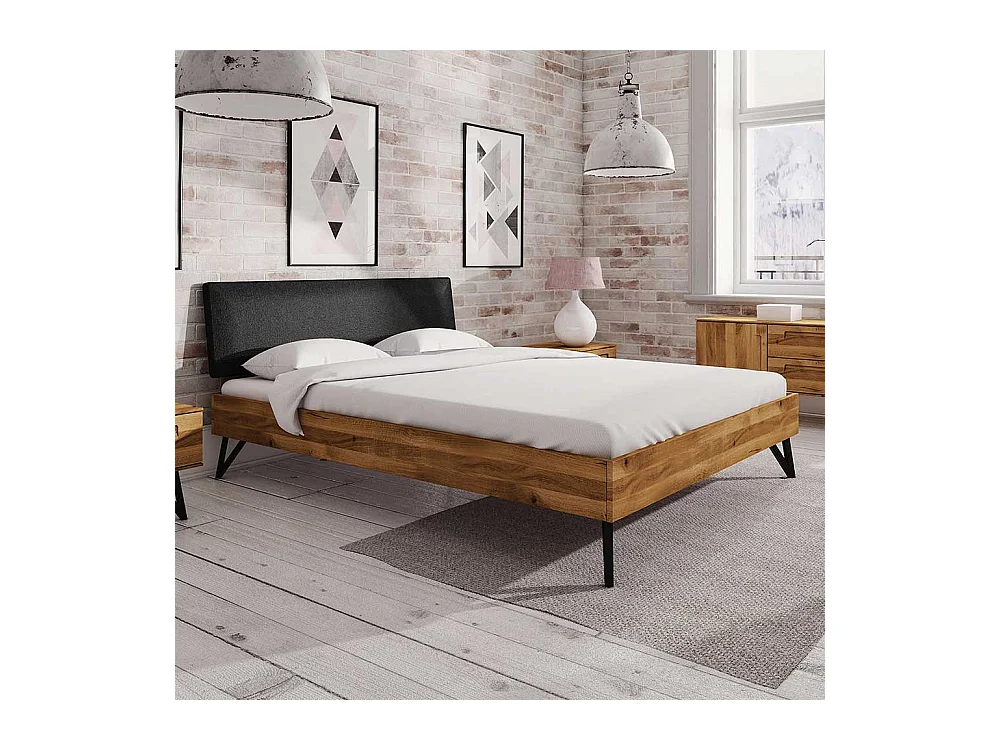 Doppelbett aus Wildeiche Massivholz und Stahl gepolstertem Kopfteil