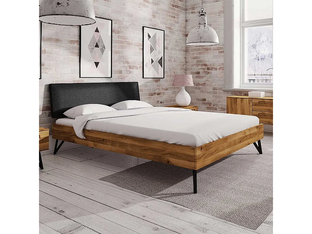 Doppelbett aus Wildeiche Massivholz und Stahl gepolstertem Kopfteil