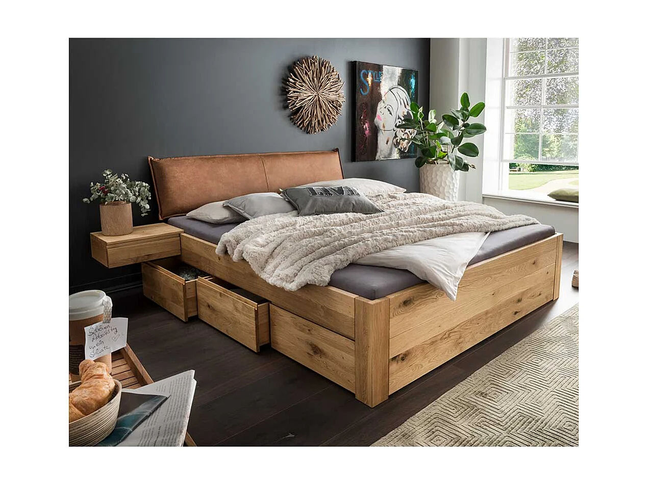 Massivbett Wildeiche inklusive zwei Nachtkommoden Polster Kopfteil (dreiteilig)