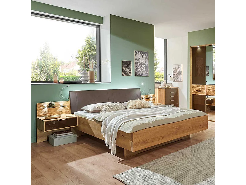 Bett mit Nachtkommoden in Eiche Bianco Dunkelbraun (dreiteilig)