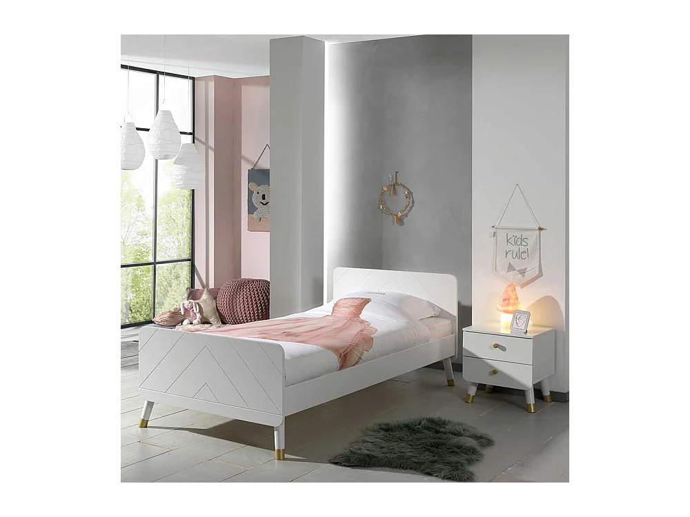 Kinder Jugendbett in Weiß und Goldfarben Nachtkonsole (zweiteilig)