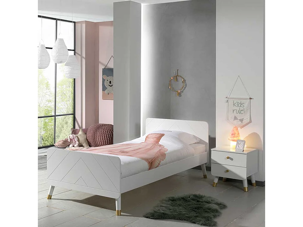 Kinder Jugendbett in Weiß und Goldfarben Nachtkonsole (zweiteilig)