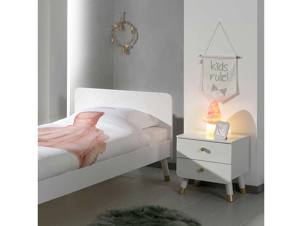 Kinder Jugendbett in Weiß und Goldfarben Nachtkonsole (zweiteilig)