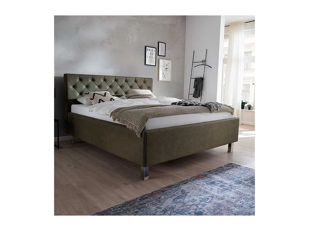 Polsterbett mit Bettkasten in Oliv Grün Vierfußgestell aus Metall