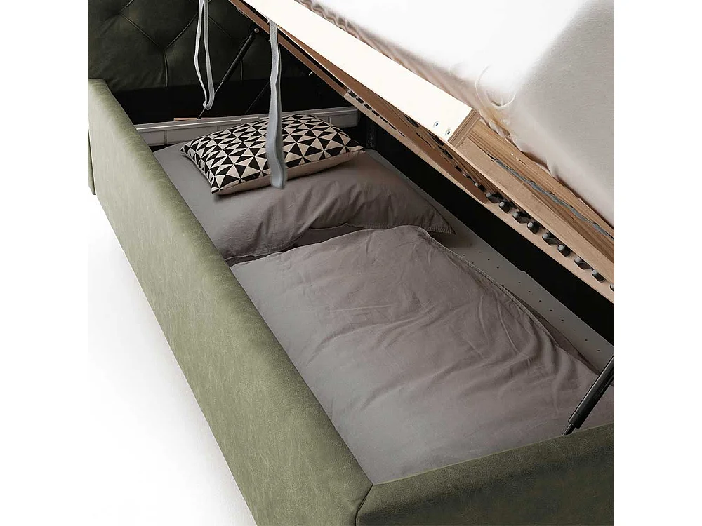 Polsterbett mit Bettkasten in Oliv Grün Vierfußgestell aus Metall