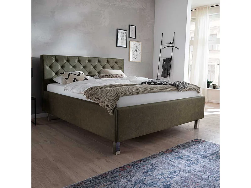 Polsterbett mit Bettkasten in Oliv Grün Vierfußgestell aus Metall