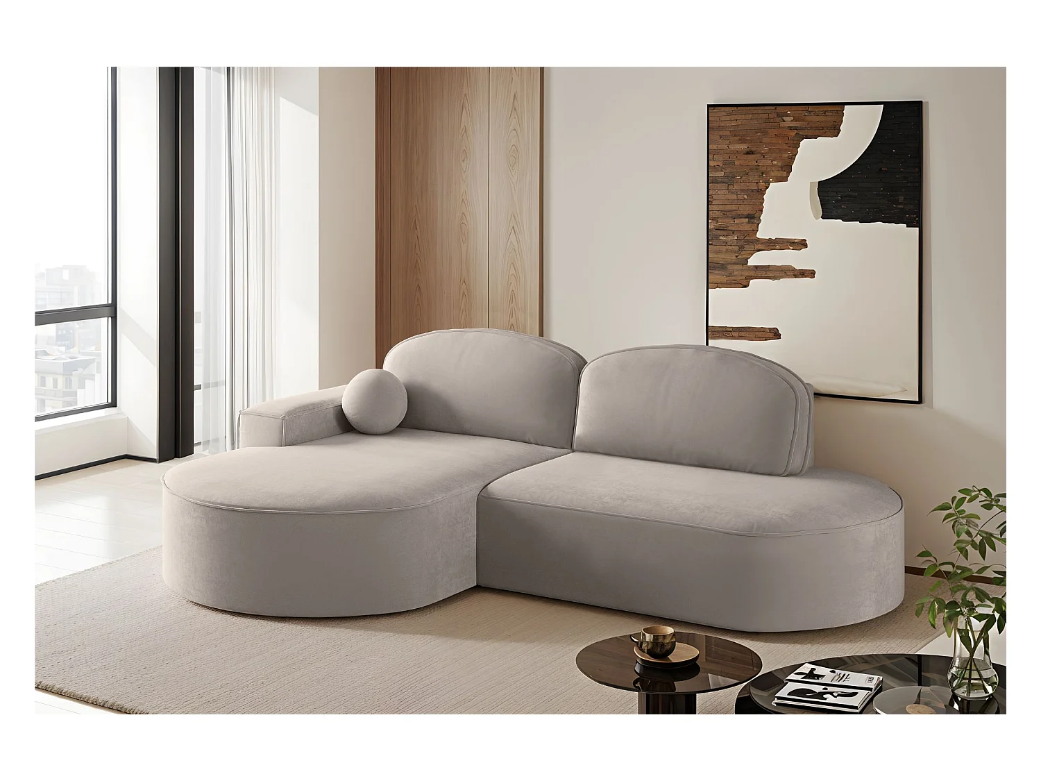 Canapé d'angle avec fonction couchage et coffre de lit Modena Round tissu Salvador Beige clair Gauche